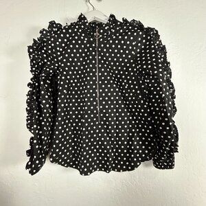 Greysn Womens Polka Dot Ruffle Top Blouse XS Black White Long Sleeve Cotton